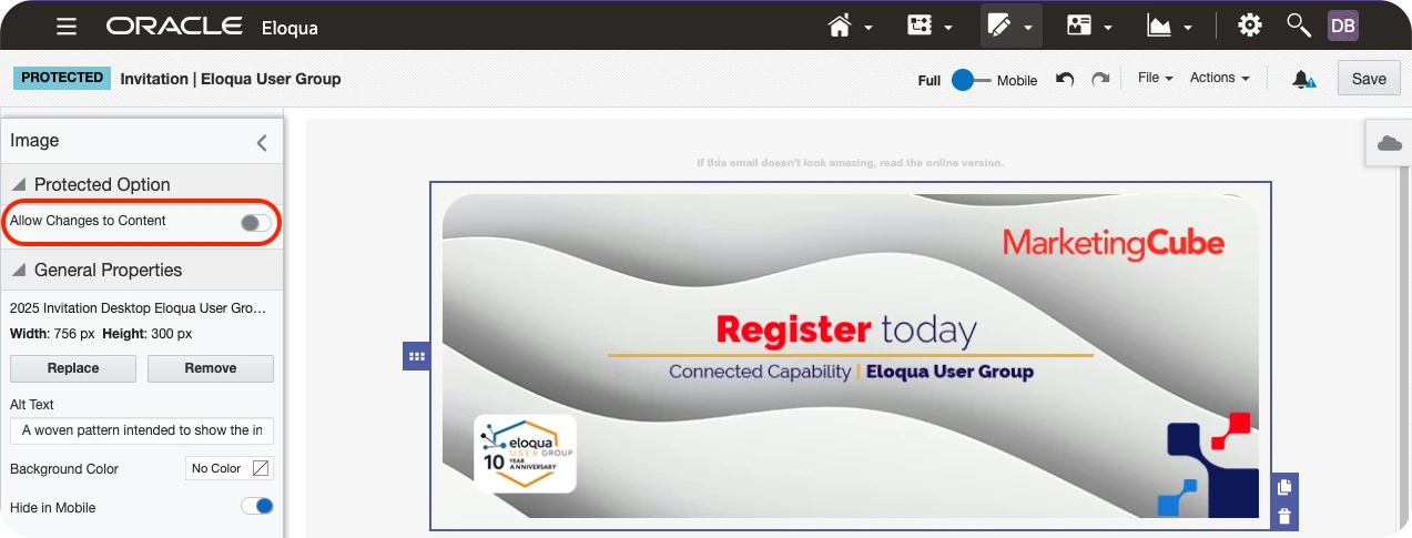 A screenshot of the Eloqua Email Design Editor with the Protected option highlighted from within the Template Manager